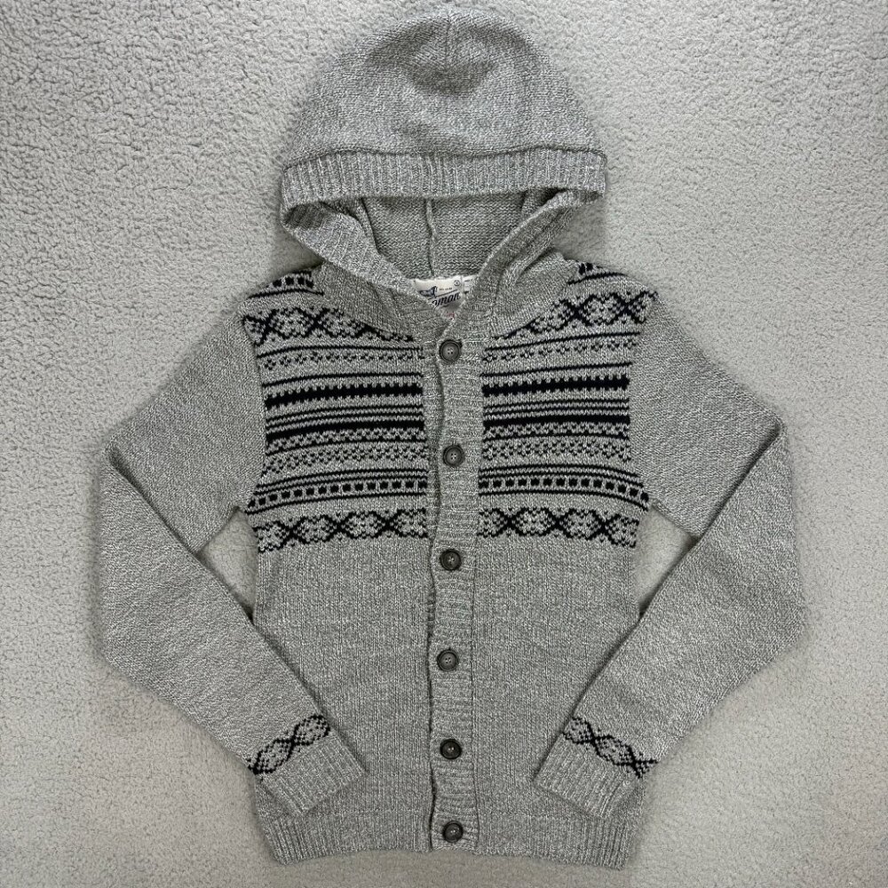 Topman Sweater Mens Small S Grey Hooded Knit Cardigan Nordic Fair Isle Hoodie